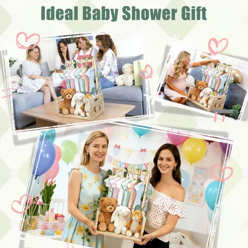 Vista 5 de Okydoky Armario de madera para baby shower, cesta de regalo con asa, con colgador de ropa y guirnalda, cesta personalizada para baby shower