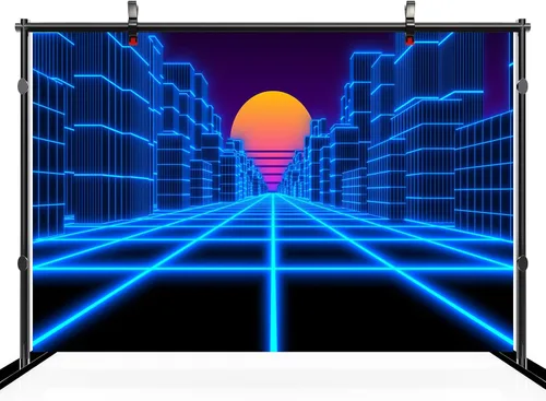 Vista 3 de Telón de fondo de paisaje cibernético de 5 x 3 pies, ciudad azul, retro, futurista de los años 80, neón Cyberpunk, fondo de cuadrícula láser, fondo