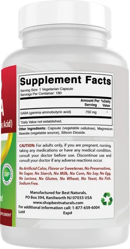 Vista 6 de Best Naturals GABA Suplemento 750mg 180 cápsulas vegetales, ayuda natural para dormir