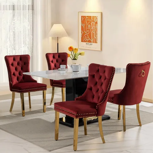 Vista 27 de SoarFlash Juego de 2 sillas de comedor de terciopelo, silla lateral de respaldo alto, silla lateral moderna tapizada de alta gama con botones Beige