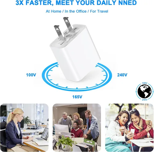 Vista 7 de Matsusho Cargador para iPhone 15 de carga rápida, 2 unidades de 20 W de doble puerto PD+QC3.0 bloque de cargador de pared con cable de carga USB C a