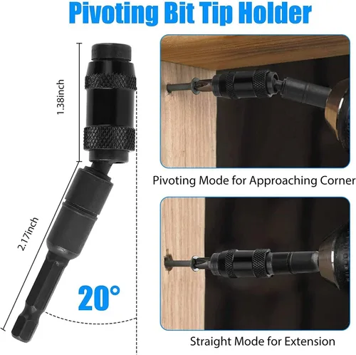 Vista 3 de 3 unids 1/4" Magnetic Pivot Drill Tip Holder 105° Adaptador de taladro de ángulo recto Extensión Destornillador de impacto flexible en ángulo de 20°