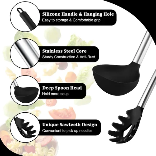 Vista 3 de TeamFar Juego de 2 cucharones de sopa y pasta de silicona con mango de acero inoxidable, color negro