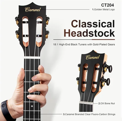 Vista 3 de Caramel Ukulele Eléctrico Tenor CT204 de Madera de Acacia Totalmente Maciza de 26 Pulgadas, Kit Profesional de Ukulele para Principiantes, Paquete