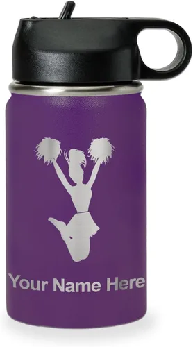 Vista 44 de LaserGram Botella de agua con tapa abatible de doble pared de 12 onzas con pajita, animadora, grabado personalizado incluido (negro)