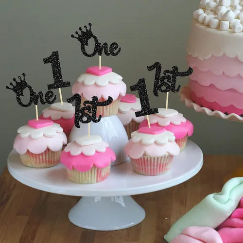 Vista 4 de 24 piezas de adornos para cupcakes de primer cumpleaños con purpurina, decoraciones de pastel de primer cumpleaños, palillos para cupcakes "One