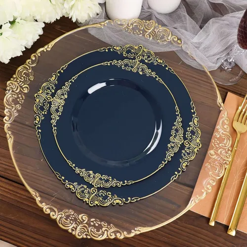 Vista 28 de Efavormart - Paquete de 10 platos de postre barrocos negros y dorados de 8 pulgadas, platos de aperitivo resistentes con borde metálico en relieve