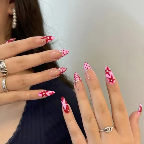 Vista 40 de Uñas postizas largas a presión, color negro, diseño francés y floral, 24