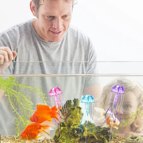 Vista 7 de Jowxsx Juguete de medusas divertidas Accesorios para pecera, decoración flotante del mundo submarino, adornos de acuario de dibujos animados, Azul