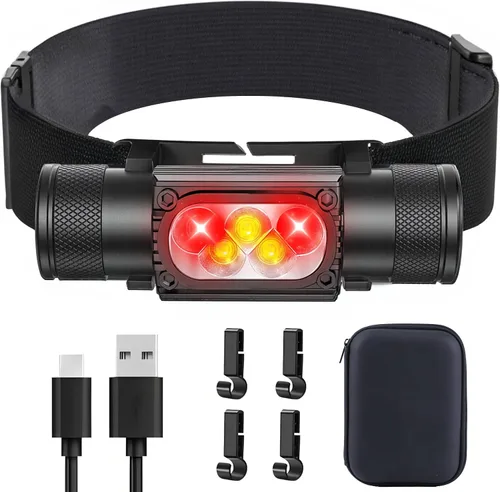 Vista 10 de Linterna frontal recargable, 2000 lúmenes, lámpara LED súper brillante para adultos, IP67 impermeable recargable con 9 modos, linterna de cabeza