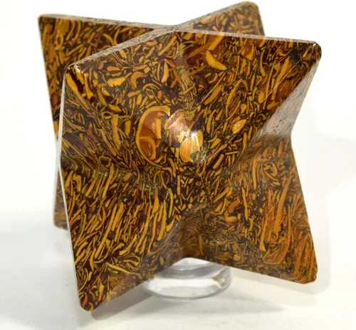 Vista 4 de Piedra natural de jaspe de elefante de 7 pulgadas, 4.06 oz, 8 puntos, estrella de ágata fósil Mariyam, piedra mineral de cristal – India + una