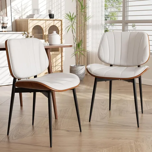 Vista 9 de Juego de 4 sillas de comedor, estilo de mediados de siglo moderno, tapizadas con piel sintética, respaldo de nogal curvado, patas de metal