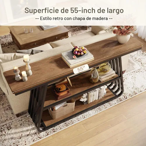 Vista 4 de Tribesigns Mesa de entrada de 55 pulgadas con estantes, mesa consola de 3 niveles con marco de hierro, mesa de entrada de madera para sala de estar
