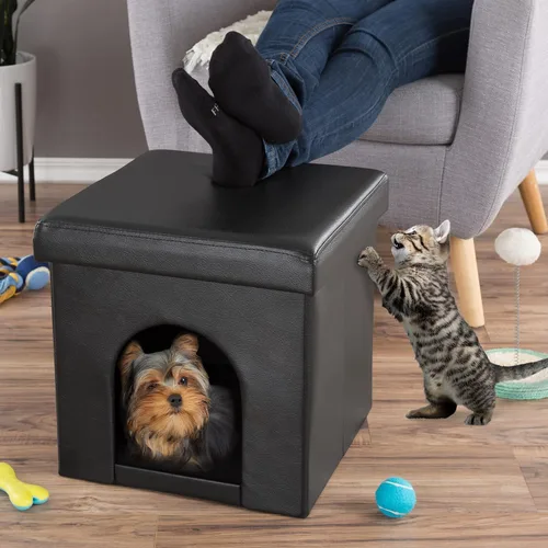 Vista 2 de Cat House - Otomana plegable multiusos para perros o gatos pequeños con reposapiés, parte superior acolchada y almohada interior (negro)