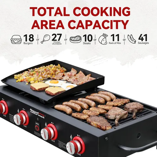 Vista 4 de Royal Gourmet GD4002T Combo de Parrilla y Plancha Tailgater de 4 Quemadores, Parrilla Portátil de Gas Propano de Superficie Plana con Salida
