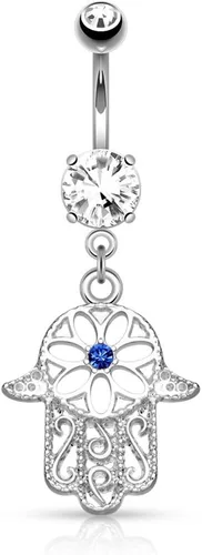 Vista 5 de Pierced Owl 14G Stainless Steel Beaded Hamsa Hand CZ Dangle Belly Ring Chapado en oro de 14 quilates.
