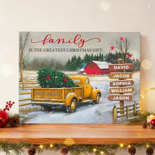 Vista 3 de Easycosy - Lienzo personalizado de Navidad para pared, póster vintage de camión rojo con nombre de familia, impresión en lienzo de Navidad
