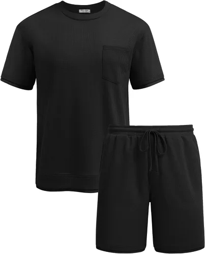 Vista 44 de COOFANDY Conjunto de camisa y pantalones cortos de gofre para hombre, conjunto de 2 piezas, conjunto casual de verano con bolsillos