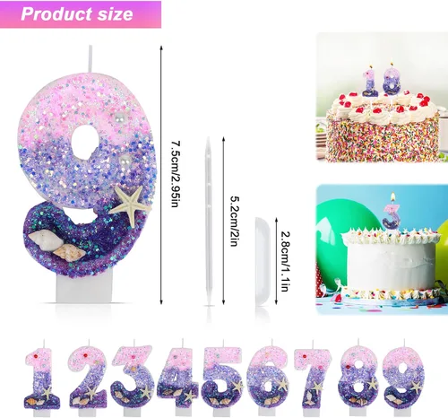 Vista 2 de Velas de cumpleaños, velas número 0, decoración de pastel de cumpleaños con temática de sirena, velas de feliz cumpleaños para pasteles, velas