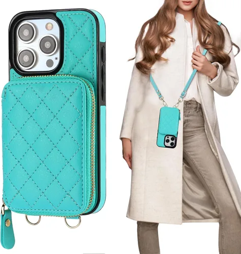 Vista 15 de Bocasal Funda tipo cartera con bandolera para iPhone 15 Pro, cartera de mano de piel sintética con cremallera y bloqueo RFID, funda tipo cartera