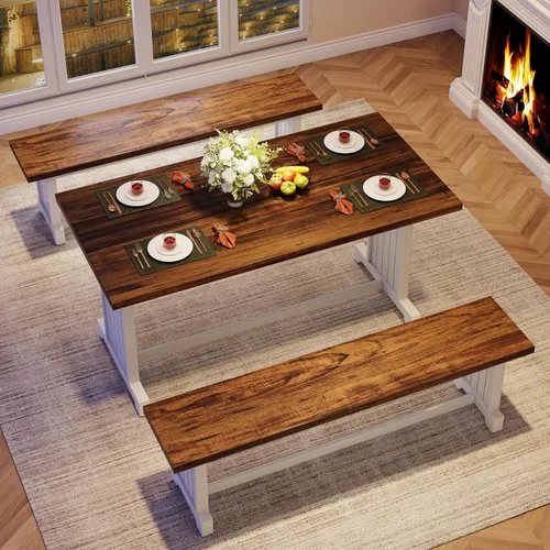 Vista 4 de Tribesigns Juego de mesa de comedor pequeña de 47 pulgadas para 2, mesa de cocina de 3 piezas con 2 bancos, muebles de cena de madera de granja