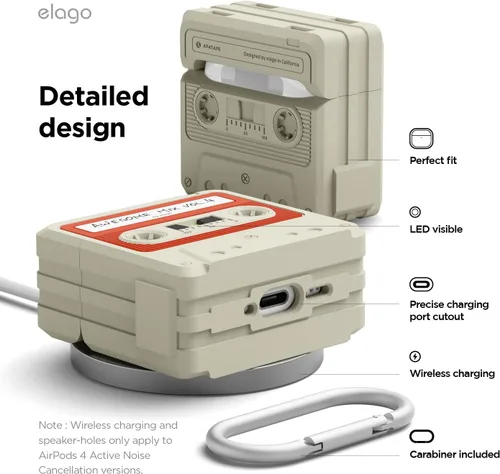Vista 6 de elago Funda de Cinta de Casete Compatible con Estuche AirPods 4 - Mosquetón Incluido, Soporta Carga Inalámbrica, Resistente a Golpes, Protección