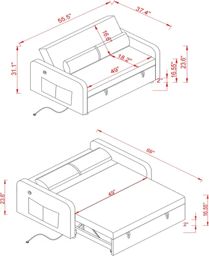 Vista 2 de Sofá cama convertible de terciopelo con respaldo ajustable y enchufe USB, sofá cama extraíble multiposición tamaño individual con 2 almohadas