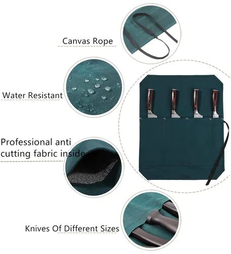 Vista 4 de Denifiter Bolsa enrollable para cuchillos de chef, duradera funda para cuchillos de lona encerada de 16 onzas con 4 ranuras, bolsa profesional