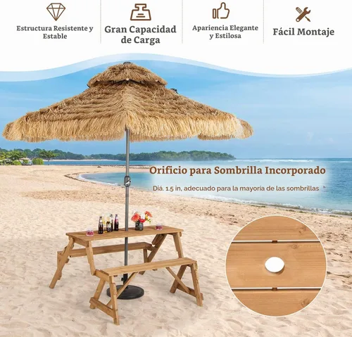 Vista 4 de GYMAX Mesa de picnic, juego de mesa de picnic convertible 2 en 1, mesa de picnic de madera intercambiable transformable con agujero para paraguas