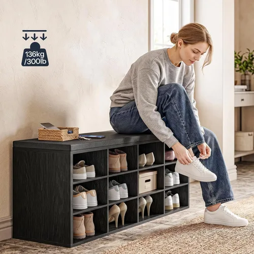 Vista 4 de HOOBRO Banco de almacenamiento de zapatos con cojín, banco de entrada de 39.4 pulgadas de largo con 12 cubículos, árbol de entrada