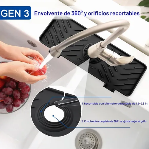 Vista 4 de Alfombrilla de Silicona para Grifo de Fregadero de Cocina – Gen 3 Protector contra Salpicaduras con Pendiente de 10° con Orificio Recortable