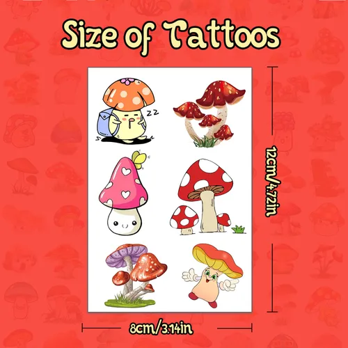 Vista 3 de (144 unidades) Calcomanías de tatuajes temporales de hongos para fiesta de hongos, suministros de decoración de fiesta de cumpleaños, regalos