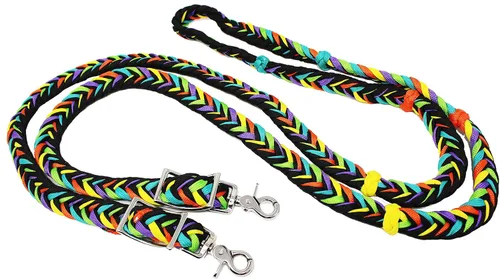 Vista 3 de CHALLENGER Pro Rider Hand Braided Multicolored Nylon Horse Barrel Reins w/Snaps 607152