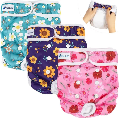 Vista 12 de Pet Soft Pañales Lavables para Hembras (Paquete de 3) Pañales para Perras, Pañales Cómodos Reutilizables para Perras en Período de Celo (Bloom, XS)