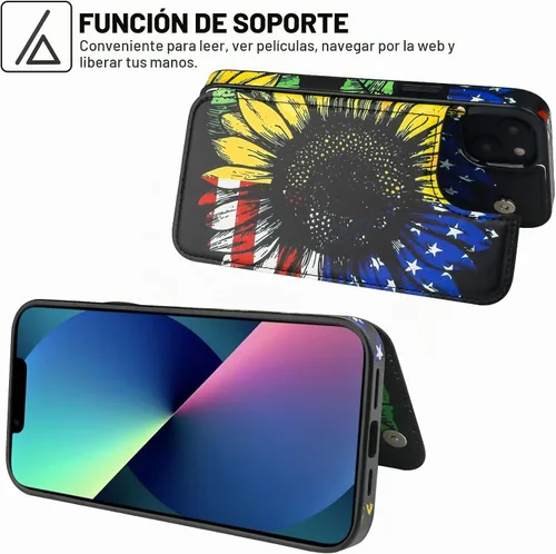 Vista 5 de HAOPINSH Funda tipo cartera con tarjetero para iPhone 14/13, diseño de Girasoles Bandera Americana