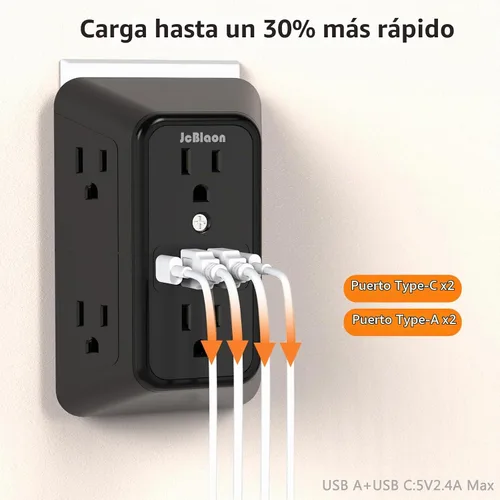 Vista 4 de Regleta de pared con cargador USB, protector contra sobretensiones con 4 puertos USB (2 USB C), extensión de enchufe, múltiples salidas, extensión