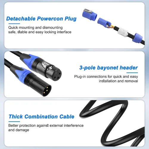 Vista 4 de XMSJSIY PowerCon/XLR Cable de enlace combinado de audio de 16 AWG, 3 pines, entrada de CA PowerCon a salida y cable combinado de audio XLR macho a