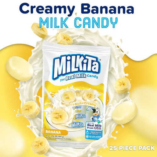 Vista 3 de Milkita Caramelo cremoso de leche de plátano – Dulces saludables bajos en azúcar con leche real para niños y adultos – Caramelos sin grasa y sin
