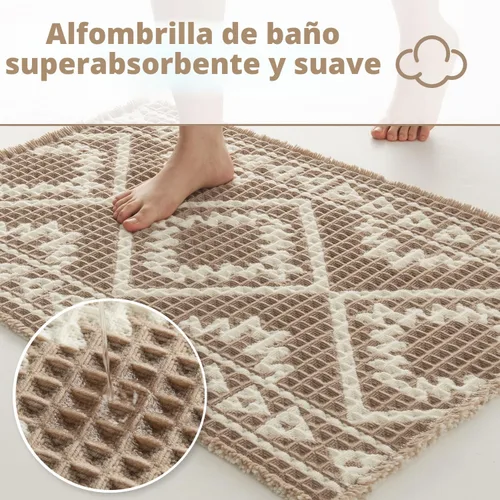 Vista 3 de PADOOR -Tapete de baño de punto gofre, súper absorbente, lavable a máquina, antideslizante, con borlas, tapete de baño suave para lavandería, Marrón