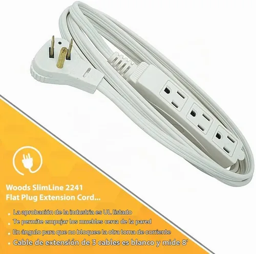 Vista 4 de Woods SlimLine Cable de extensión plano para interiores, 8 pies, enchufe de ángulo recto calibre 16, 3 tomas polarizadas, 125 voltios, blanco, 2241