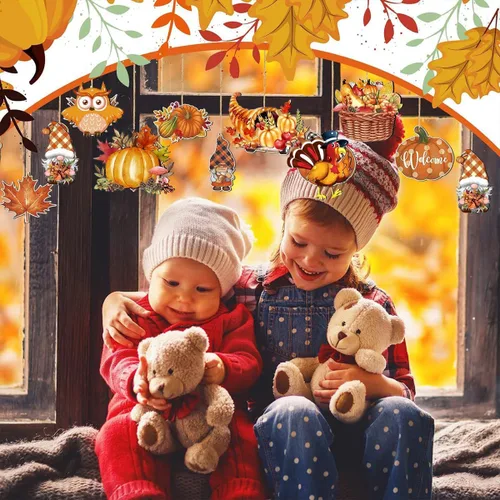 Vista 5 de 12 piezas de adornos colgantes de otoño, hoja de arce, calabaza, decoraciones de árbol, piña, fruta, diseño de Acción de Gracias, adorno lindo