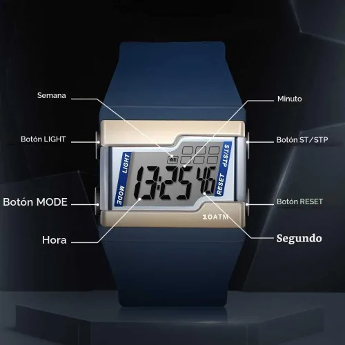 Vista 5 de Reloj de pulsera digital resistente al agua de 10 ATM para nadar y bucear con múltiples funciones de cronómetro de regazo, reloj despertador