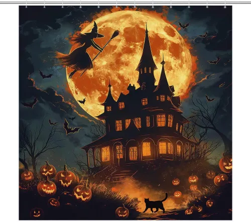 Vista 11 de Cortina de ducha de Halloween, bonita cortina de ducha de poliéster impermeable con 12 ganchos