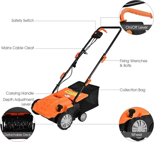 Vista 3 de Goplus Desbrozador y escarificador de césped 2 en 1, desbrozadora ajustable de 3 niveles de profundidad con bolsa de recolección de 11 galones y 2