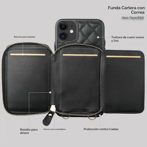 Vista 7 de Bocasal Funda tipo cartera tipo bandolera para iPhone 11, color negro