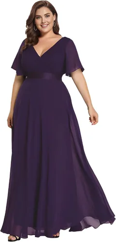 Vista 41 de Ever-Pretty Vestidos formales de noche de gasa para mujer con cuello en V de talla grande para mujeres con curvas, vestido de dama de honor de largo