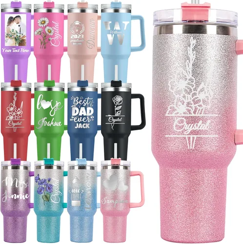 Vista 13 de Vaso personalizado con asa personalizado de 40 onzas grabado con nombre de flor de nacimiento con tapa y pajita, taza de café de viaje de acero