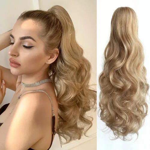 Vista 22 de Extensión de cola de caballo de garra negra natural ondulada de 16 pulgadas, extensiones de cabello sintético rizado con clip, extensiones