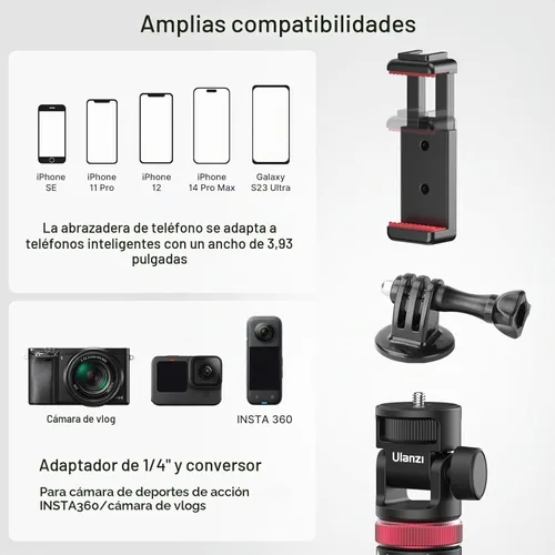 Vista 4 de MT-71 Trípode extensible para selfie stick de 57.48 pulgadas con abrazadera