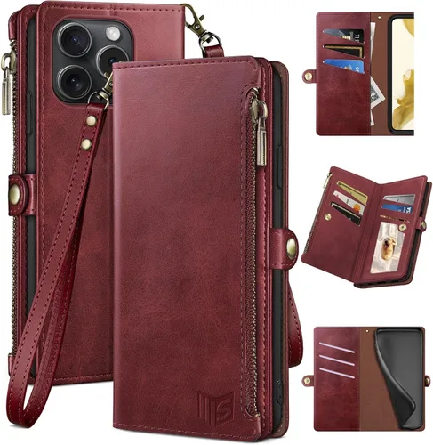 Vista 11 de XcaseBar Funda tipo cartera para iPhone 14 Pro de 6.1 pulgadas con bloqueo RFID, soporte para tarjetas de crédito con cremallera, funda de piel